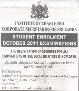 Institute of Chartered Corporate Secretaries of Sri Lanka calls student enrollment
