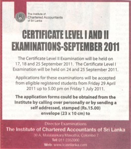 Chartered Accountants Certificate Level 1 and 2 Examinations September 2011