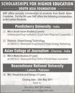Scholarships for higher Education South Asia Foundation