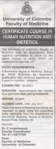 Certificate course in Human Nutrition and Dietetics @ University of Colombo