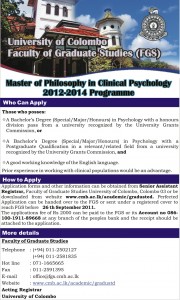 Master of Philosophy in Clinical Psychology – 2012-2014 by University of Colombo