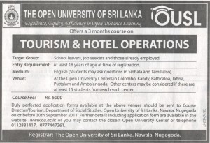 3 Month Course on Tourism & Hotel Operations