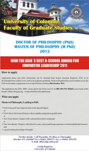 PhD and M Phil 2012 in University of Colombo
