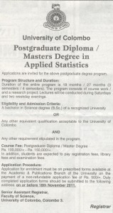 Postgraduate Diploma  Masters Degree in Applied Statistics – University of Colombo