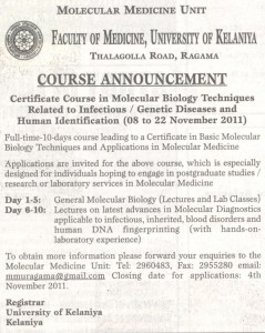 Certificate course in Molecular Biology Techniques related to Infections  Genetic Diseases and Human Identification
