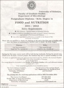 Post Graduate Diploma  MSc Degree in Food and Nutrition 20112012 – University of Kelaniya