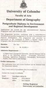 Postgraduate Diploma in Environment and Regional Development – University of Colombo