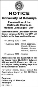 Exam Time table for Certificate course in Modern Languages 2011 by University of Kelaniya