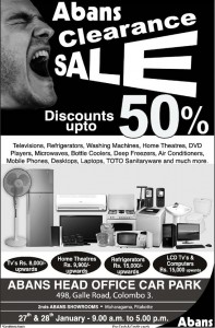 Abans Clearance Sale Discounts up to 50 - 27th & 28th January 2012