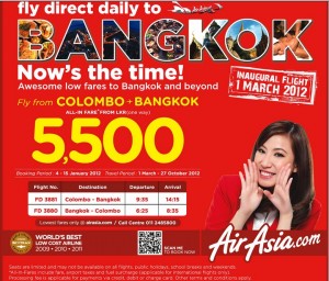 Air Asia Offers Colombo to Bangkok Just for LKR 5,500 only – bookings from 4th to 15th January 2012