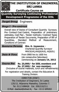 Certificate Course on Quantity Surveying Continuing Professional Development Programme by IESL