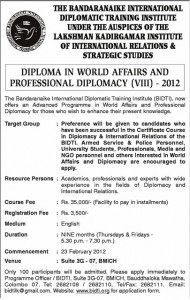 Diploma in World Affairs and Professional Diplomacy by Bandaranaike International Diplomatic Training Institute (BIDTI)
