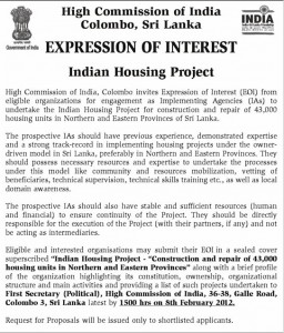 Indian Housing Project Expression of Interest – “Construction and Repair of 43,000 Housing Units in Northern and eastern Provinces