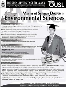 Master Degree in Environmental Sciences – Open University of Srilanka