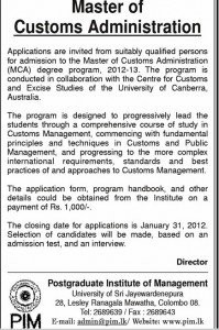 Master of Customs Administration in Srilanka by Postgraduate Institute of Management (PIM) Academic Year of 2012- 2013