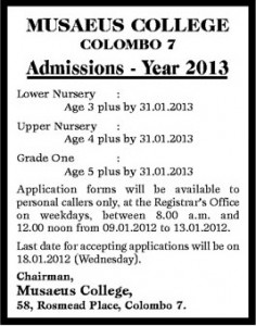Musaeus College, Colombo 7 Admission for 2013