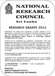 National Research Council Srilanka Research Grants 2012
