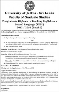 Postgraduate Diploma in Teaching English as a Second language (TESL) 20122014 University of Jaffna