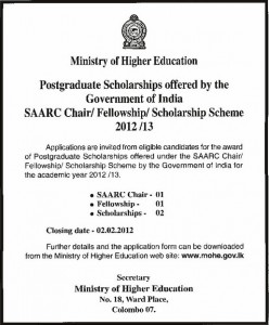 Postgraduate Scholarships for Srilankan 2012 2013 by Government of India