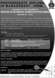 Rajarata University Invites Applications for Postgraduate Diploma in Management (PGDM) for 2012 intakes