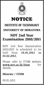 University of Moratuwa 2nd Year of NDT examination starts form 18th January 2012