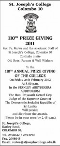 110th Prize Giving ceremony of St. Joseph College, Colombo on 24th February 2012