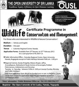Certificate in Wildlife Conservation and Management by Open University of Srilanka