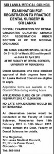Examination for registration to practice Dental Surgery in Srilanka - 2012 by Srilanka Medical Council