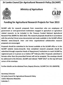 Scholarships for Agricultural Research Project for Year of 2013 by Srilanka Council for Agricultural Research Policy (SLARP)