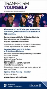 Sheffield Hallam University Spot Admonition and Counseling in Srilanka on 18th February 2012 – Education UK