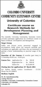 Certificate Course on Research Method for Development Planning and Management – University of Colombo