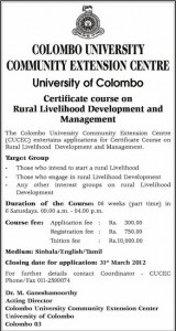 Certificate course on rural livelihood Development and Management by University of Colombo