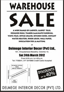 Delmege Interior Décor (Pvt) Ltd Warehouse Sale; Discounts up to 40% only on 24th March 2012