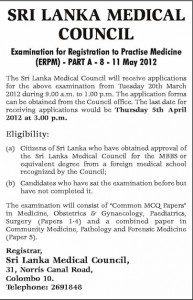 Examination for Registration to Practice Medicine (ERPM Part 1) Examination 8 to 11th May 2012 by Srilanka Medical Council