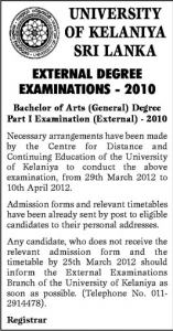 University of Kelaniya External Degree Examinations 2010 – 2012