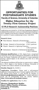 12 Ph.D Research Assistantship Positions for3 Years by University of Colombo