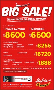 BIG SALE of Air Asia for the travel period of 1st October 2012 to 31st January 2013