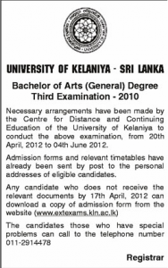 Bachelor of Arts (General) Degree 3rd Examination 2012 - University of Kelaniya, Srilanka