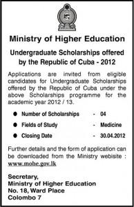 Medicine Scholarships for Srilanka – CUBA Academic Year of 20122013