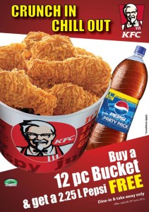 Get FREE 2.25 Liter Pepsi with KFC 12 pc Bucket – offer valid till 29th June 2012