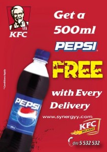Get your FREE 500 Ml Pepsi with KFC Home Delivery 2nd June to 8th June 2012.