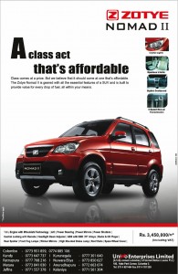 ZOTYE NOMAD II for Rs. 3,450,000.00 (including Vat) Updated Price May 2012