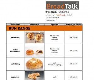 Bread Talk Srilanka Menu and Price List