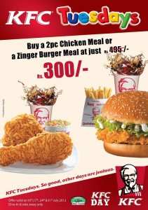 KFC Tuesdays Offer ~ Buy 2 Pc Chicken Meal or a Zinger Burger Meal for Just Rs. 300.00