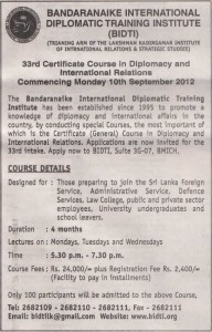 Certificate course in Diplomacy and International relations Courses commence on 10th September 2012