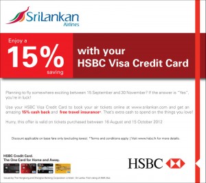HSBC Credit Card offer for Srilankan Airline till 15th October 2012