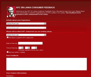 KFC Srilanka Consumer Feedback or Complain can Made on Online