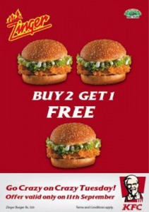 KFC Buy 2 Get 1 FREE offer for 11th September 2012