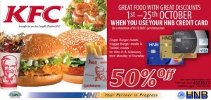 50% off for HNB Credit Cards at KFC Srilanka – Valid till 25th October 2012