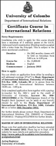 Certificate Course in International Relationship 2013 Academic Year – University of Colombo